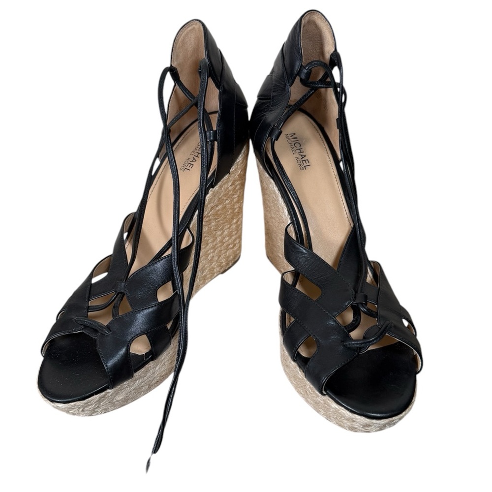 Michael Kors Leather Espadrille Lace Up Black Wedge Sandals size 9 - Picture 2 of 13